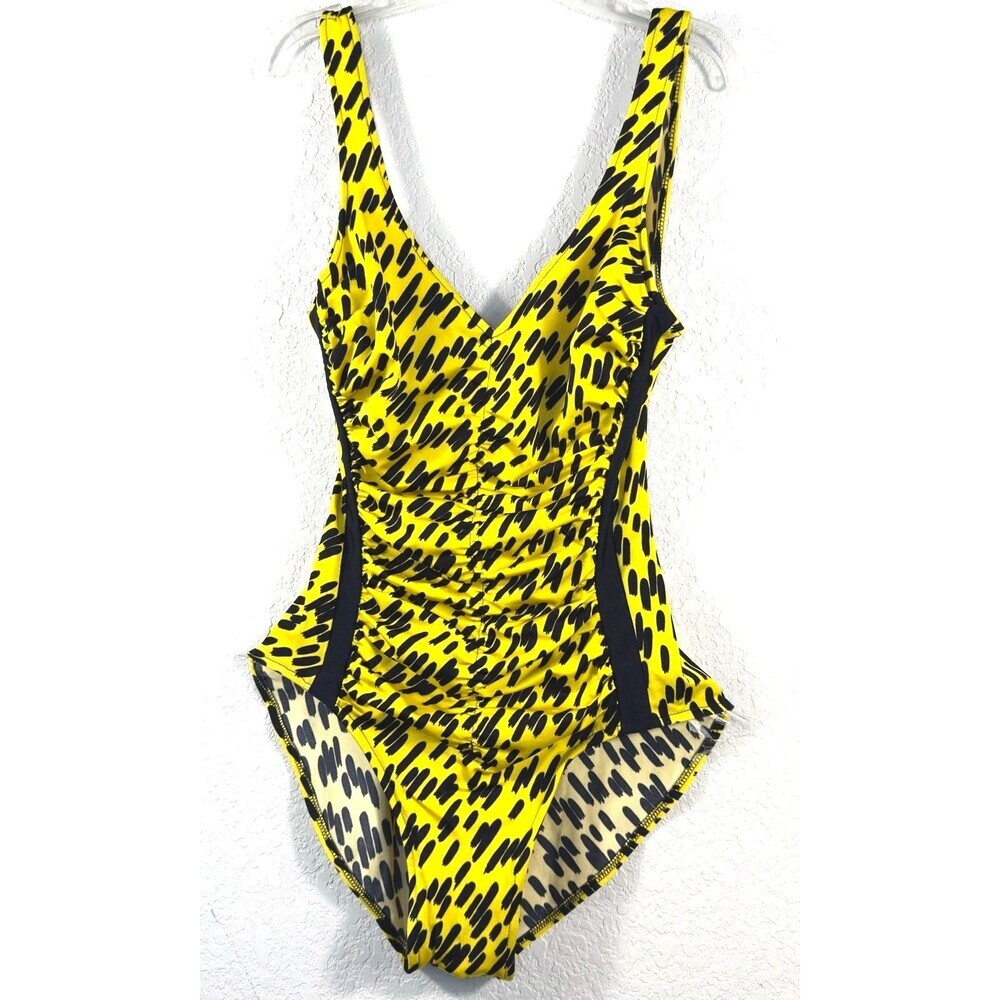 Vintage Catalina One Piece Swimsuit Sz 12 Yellow Black Abstract Ruched Made USA